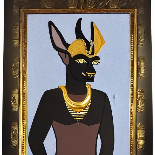 Image similar to painting of the god Anubis wearing an office suit with a gold necklace, looking at the camera, black background, studio light