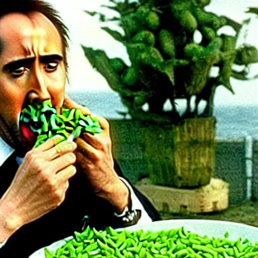 Image similar to nicolas cage drowning mouth full of peas, movie still, the wicker man