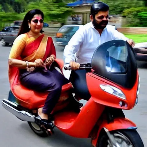Prompt: smriti irani driving a two wheeler with amit shah sitting on the pillion