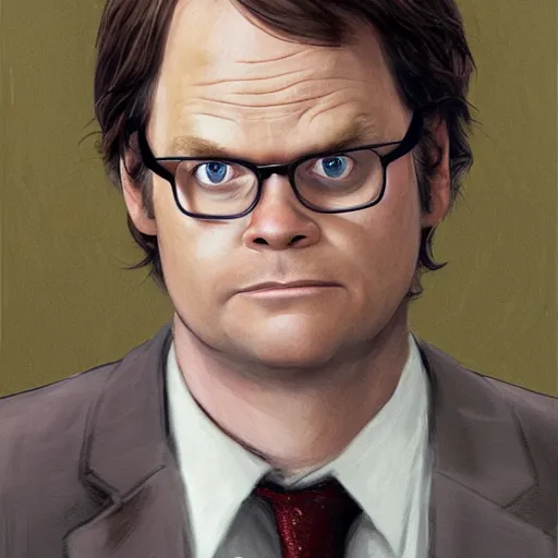 Image similar to close-up of Rainn Wilson in The Office (2005) as Dwight Schrute, highly detailed, sharp focus, digital painting, artwork by Victor Adame Minguez + Yuumei + Tom Lovell + Sandro Botticelli