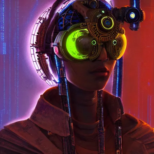 Image similar to a dogon cyberpunk hacker, steampunk stargate by greg rutkowski and android jones in a surreal portrait style, oil on canvas, ancient cyberpunk 8k resolution