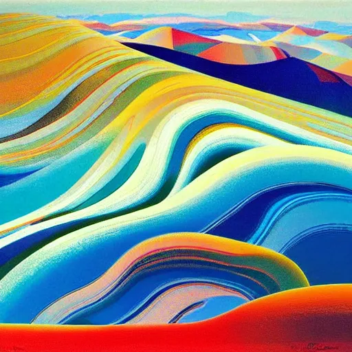 Prompt: A wild, insane, modernist landscape painting. Wild energy patterns rippling in all directions. Curves, organic. Saturated color. Mountains. Clouds. Rushing water. Wayne Thiebaud.