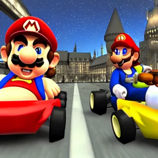 Image similar to Harry Potter in Mario Kart, gameplay screenshot,