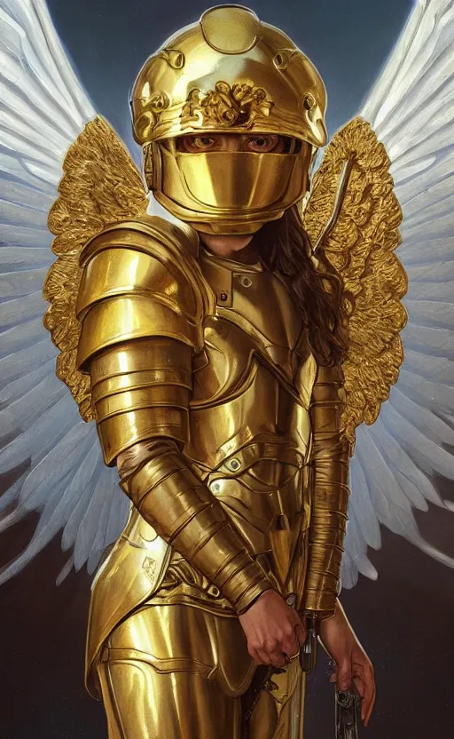 Image similar to Portrait of an archangel with golden wings, heavy armor and helmet, confident, heaven background, intricate, headshot, highly detailed, digital painting, artstation, concept art, sharp focus, cinematic lighting, illustration, art by artgerm and greg rutkowski, alphonse mucha, cgsociety