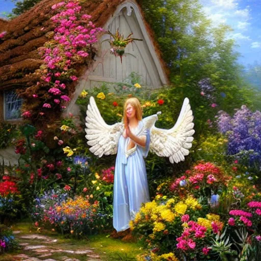 Image similar to a majestic male angel with large wings covered in plants and flowers standing in front of a beautiful cottage, an oil painting by ross tran and thomas kincade