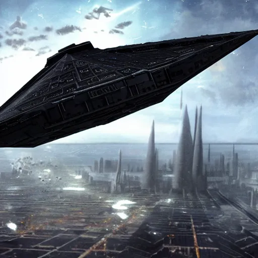 Prompt: imperial star destroyer over city, realistic, concept art