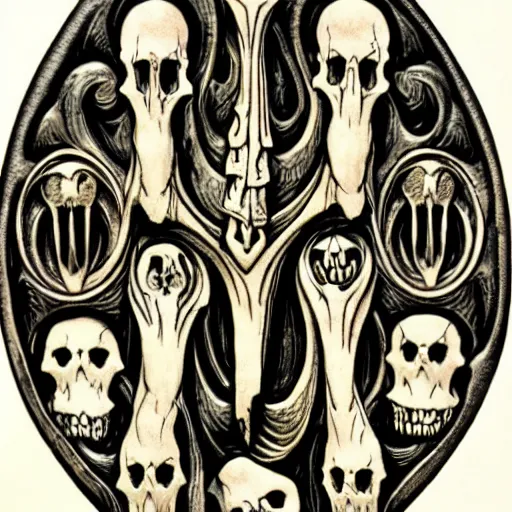 Image similar to memento mori detailed art nouveau bone carving by arthur rackham, gothic, intricately carved antique bone, skulls