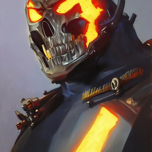 Image similar to greg manchess portrait painting of ghost rider as overwatch character, medium shot, asymmetrical, profile picture, organic painting, sunny day, matte painting, bold shapes, hard edges, street art, trending on artstation, by huang guangjian and gil elvgren and sachin teng