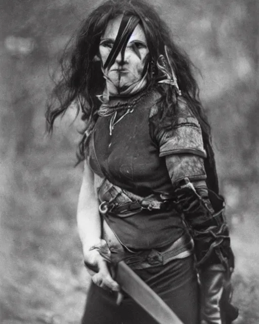 Image similar to female half orc with brown hair, melee weapons, leather clothing, photo by gertrude kasebier