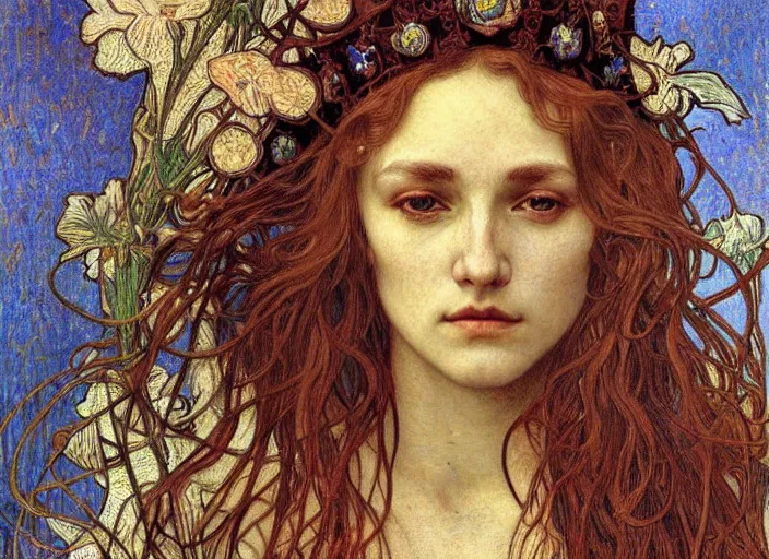 Image similar to detailed realistic beautiful young medieval queen face portrait by jean delville, alphonse mucha, vincent van gogh, and marco mazzoni, art nouveau, symbolist, visionary, gothic, pre - raphaelite