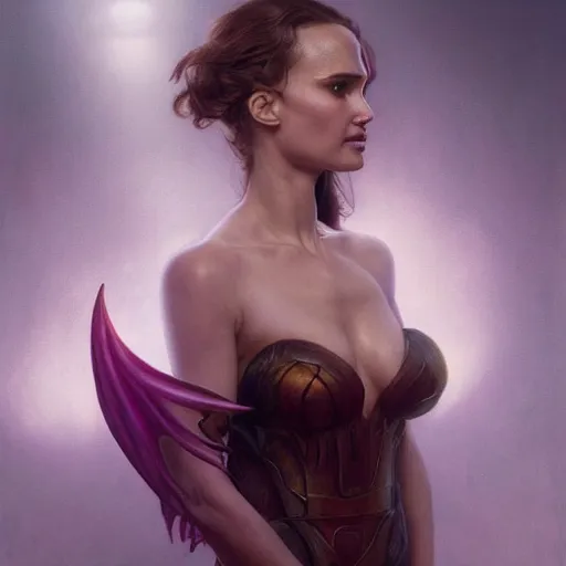 Image similar to a portrait of natalie portman as a succubus in dramatic lighting, interior background, artstation, award - winning realistic sci - fi concept art by jim burns and greg rutkowski, beksinski, a realism masterpiece, alphonse mucha,