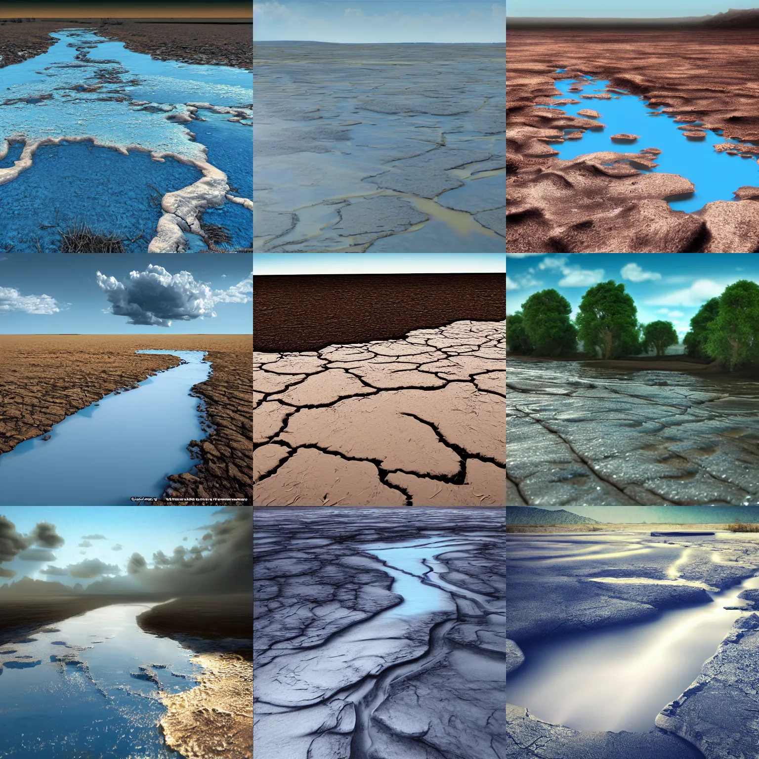Prompt: last drop of a river evaporating in slow motion, blue sunny sky, desolate land, hyper detailed photorealistic