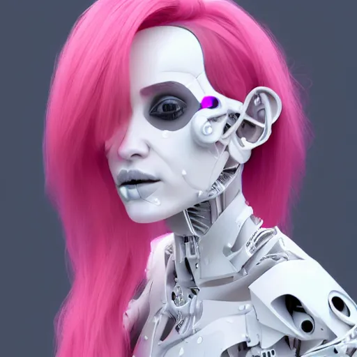 Image similar to beautiful eva elfie, biomechanical woman, chimeric organism, pale white skin, organic polycarbon, pink hair, full frontal portrait, ex machina, highly detailed, transhumanist, sinewy, mendelbrot fractal, trending on artstation, oppai cyberpunk dancer, octane render, hdr, uhd 4k