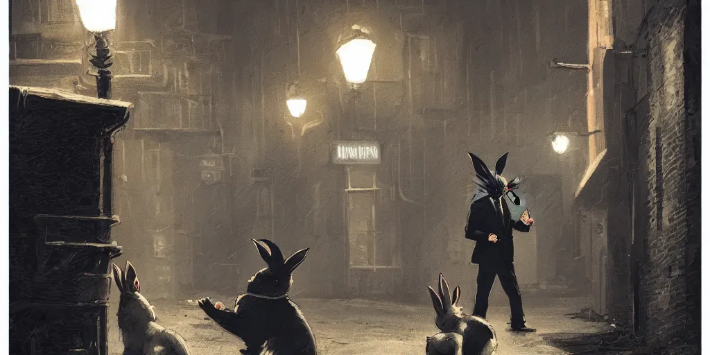 Image similar to rabbit wearing a tie is talking to a cat in a dark alley, warm color palette, night time, dramatic lighting, noir film, fine details, high contrast, blacksad, kim jung gi, greg rutkowski, trending on artstation, 8 k, front view, back view, ultra wide angle