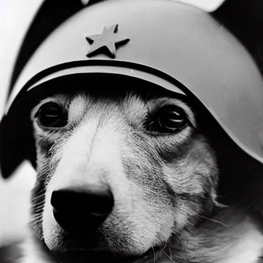 Image similar to close up of a corgi wearing soldier helmet in the battle, ww 2 historical photography, black & white