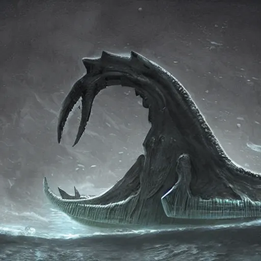 Image similar to Giant ancient Leviathan creature the size of a ship at the bottom of the ocean next to a sunken cargo ship, dark, creepy, digital art