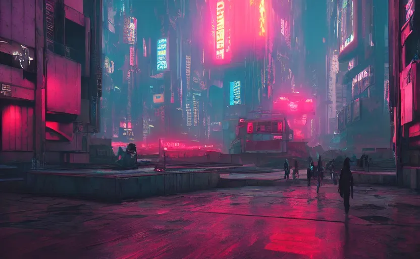 Image similar to matte painting environment design of dystopian cyberpunk city with neon lights, people on the streets being monitored by flying drones, trending on artstation, painted by dreadjim, eddie mendoza, james paick, ultra realistic, volumetric lighting, 4k, octane render