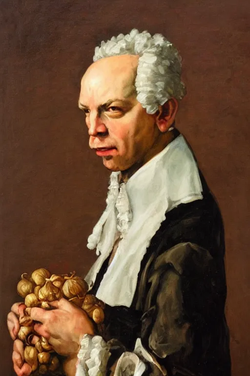 Prompt: garlic man portrait, baroque painting, smug garlic face, gaunt