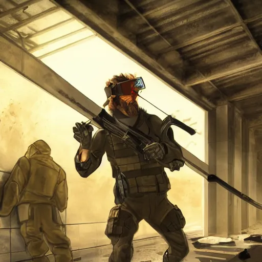 Image similar to Solid Snake from MGS and Gordon Freeman from Half-Life melee fight against each other on an abandoned military base, winter, very detailed, hyper realism, epic, close-up fight, digital art, concept art, illustration, artstation, cgi, 4k