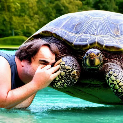 Image similar to jack black kissing a giant turtle, national geographic photo, 8 k