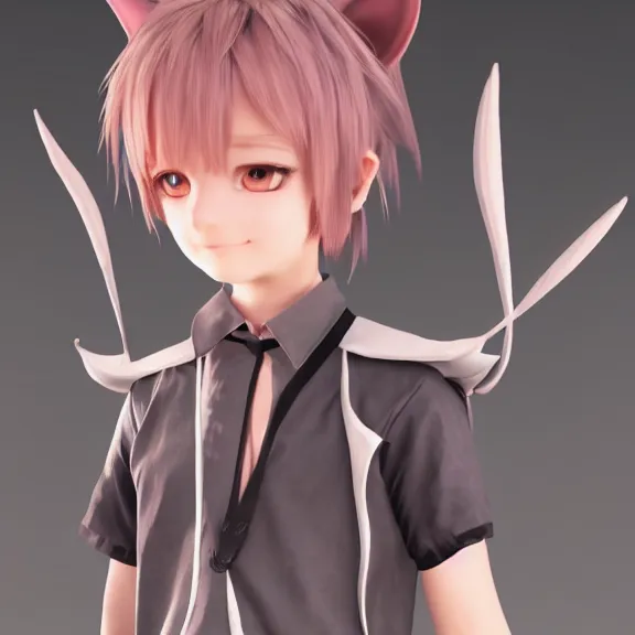 Image similar to 3D render of a cute anime boy with cat ears and tail, fantasy artwork, fluffy, mid-shot, award winning, hyper detailed, very very very beautiful, studio lighting, artstation, unreal engine, unreal 5, 4k, octane renderer