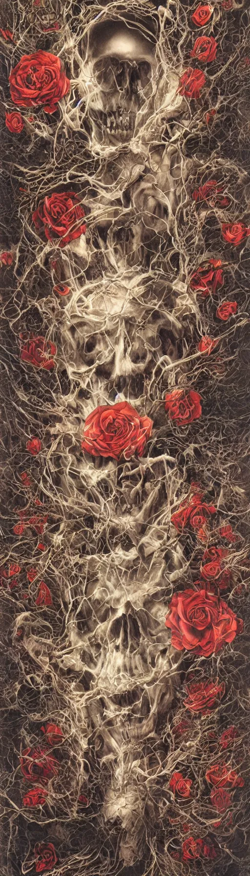 Image similar to the ghost in the machie, dense web of neurons firing, psychedelic lights and fog, skull and roses and gnr imagery, zdzislaw, ayami kojima, yamamoto, barclay shaw, karol bak, hyperrealist, 8 k