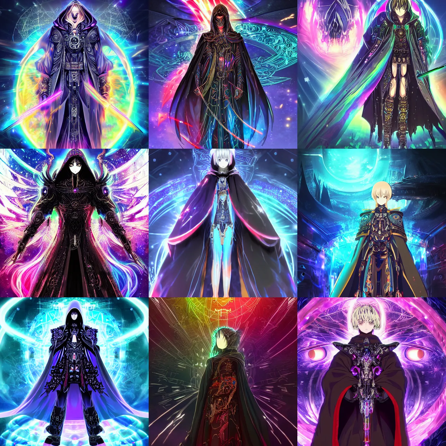 Prompt: Cloaked hooded complex cybernetic omnipotent being with a biological human face, anime CGI style, dark, intricate bejewelled technological ominous warrior, anime in the style of Makoto Shinkai, animated, animation, detailed, rainbow sheen, brandishing iridescent legendary cosmic sword, holding large crystal, crystal encrusted, iridescent holographic epic dark megastructure background, moody