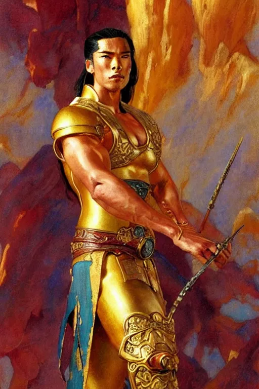 Image similar to tales of earthsea, attractive muscular male with golden armor, ming dynasty, character design, painting by gaston bussiere, craig mullins, j. c. leyendecker, tom of finland