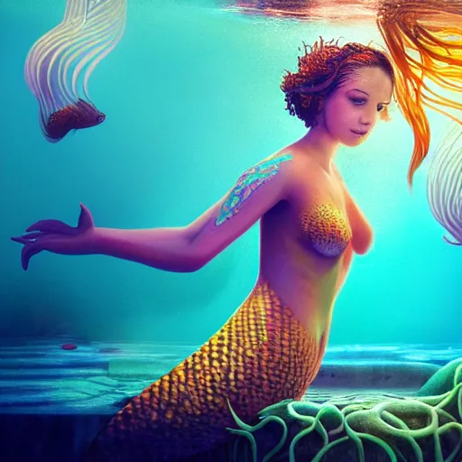 Image similar to a beautiful full body portrait of a swimming mermaid, half woman half betta fish, surrounded by colorful jellyfishes by James C Christensen, underwater, cinematic lighting, 4K, octane render, deviantart, wide angle