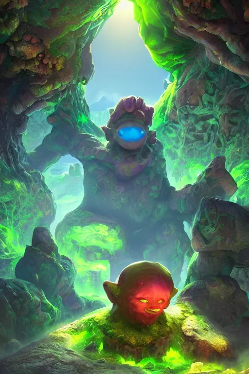 Image similar to arcane fantasy art giant golem elemental wood rock bastion forged gemstone enchanted forest troll, global illumination ray tracing hdr fanart arstation by sung choi and eric pfeiffer and gabriel garza and casper konefal lisa frank zbrush central hardmesh radiating a glowing aura