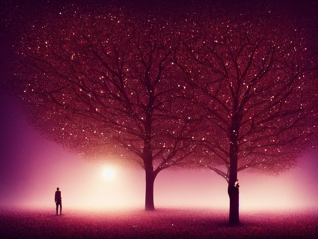 Image similar to aa glistening tree of dreams with shimmering light and internal glow, beautiful deep color, pixie dust around tree, person standing and watching it in silhouette , octane render, unreal engine