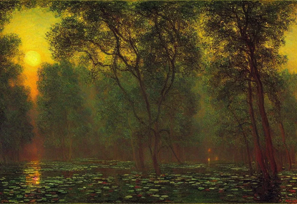 Prompt: Lothlorien at night, as painted by Claude Monet, Albert Bierstadt, Thomas Cole