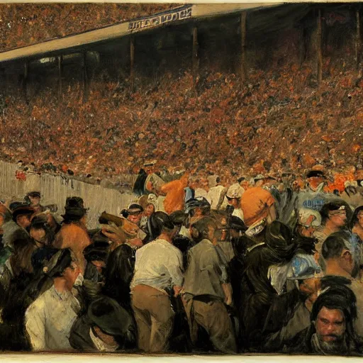 Image similar to crowd at old tiger stadium, by jeremy mann, anders zorn