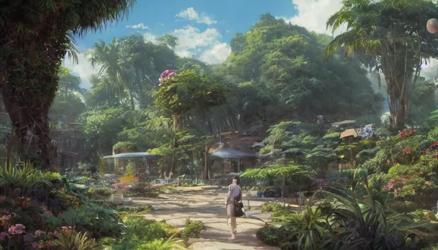 Image similar to craig mullins and studio ghibli illustration of a future sphere living space, lush landscape, science fiction landscape, flowers, flying saucers, palm trees, people, unreal engine, hyper realism, realistic shading, cinematic composition, realistic render, octane render, detailed textures, photorealistic, wide shot