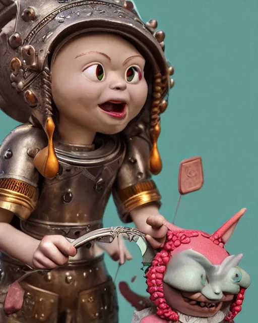 Image similar to highly detailed closeup, face profile portrait of a tin toy greta thunberg as a medieval goblin eating cakes in a castle, bikini, depth of field, nicoletta ceccoli, mark ryden, lostfish, dan decarlo, bob clampett, max fleischer, detailed and intricate environment, 8 k resolution, hyperrealistic, octane render