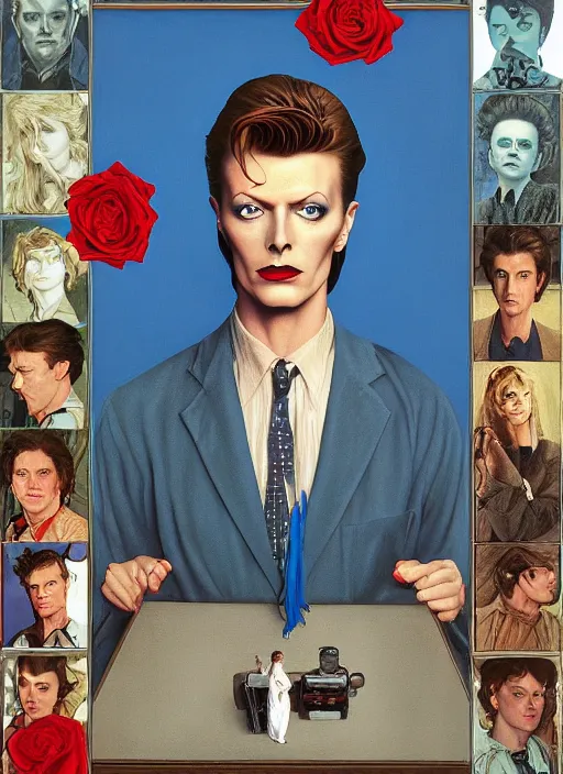 Image similar to twin peaks poster art, portrait of david bowie large blue rose looms over him, by michael whelan, rossetti bouguereau, artgerm, retro, nostalgic, old fashioned