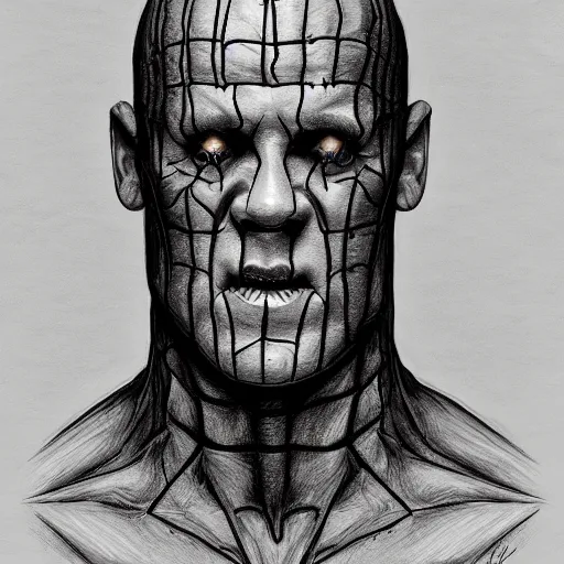 Image similar to drawing of john cena as pinhead from hellraiser, pencil drawing, ultra realistic, intricate details, black and white, hd, 8 k, artstation