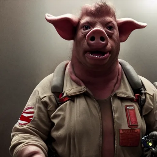 Image similar to Live Action Still Pig Man As Ghostbusters, real life, hyperrealistic, ultra realistic, realistic, highly detailed, epic, HD quality, 8k resolution, body and headshot, film still,Exquisite detail, post-processing, masterpiece, Cinematic Lighting, Unreal Engine, 8k, HD