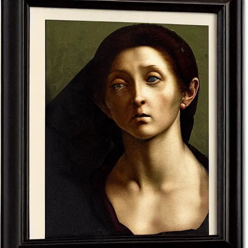 Prompt: scared woman staring up, high detail painting by michelangelo