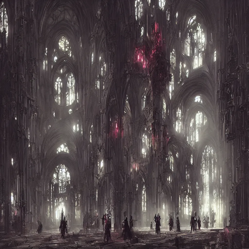 Image similar to fashionable gothic domme, latex, cyberpunk cathedral, spikes by greg rutkowski, by yoshitaka amano, super - detail