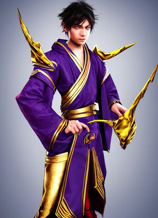 Image similar to An epic fantasy comic book style portrait painting of teenager boy with straight indigo hair, purple eyes with red eye markers, slim body, wearing a detailed Japanese kimono with golden armpieces, holding a pair of fans. Unreal 5, DAZ, hyperrealistic, octane render, cosplay, RPG portrait, dynamic lighting