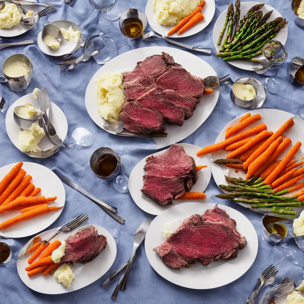 Image similar to product shot of a dinner with prime rib, asparagus, mashed potatoes and gravy, and steamed carrots with blue table cloth and lit candles in ornate silver candlesticks, ultra - realistic, photo realism, professional photograph, extreme detail, deep focus, laser sharp, volumetric lighting, atmospheric, five - star, luxury, elite