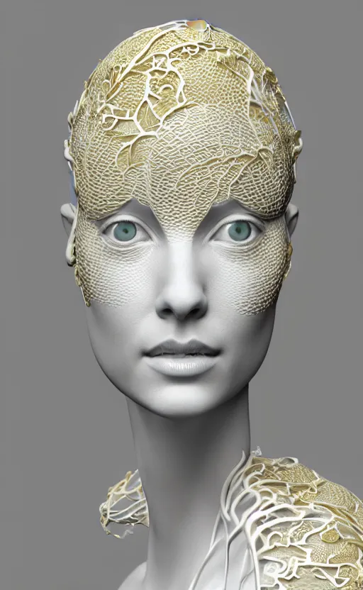 Image similar to complex 3d render of a beautiful porcelain profile woman face, hazel eyes, ultra detailed, vegetal dragon cyborg, 150 mm, beautiful natural soft light, rim light, silver gold lemon metallic details, magnolia big leaves and stems, roots, fine lace, maze like, mandelbot fractal, anatomical, facial muscles, cable wires, microchip, elegant, white metallic armour, octane render, black and white, H.R. Giger style