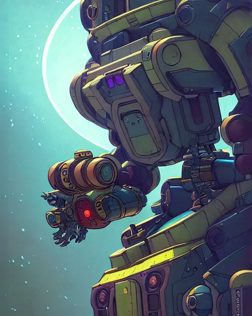 Prompt: bastion the friendly robot from overwatch, character portrait, portrait, close up, concept art, intricate details, highly detailed, vintage sci - fi poster, retro future, in the style of chris foss, rodger dean, moebius, michael whelan, katsuhiro otomo, and gustave dore