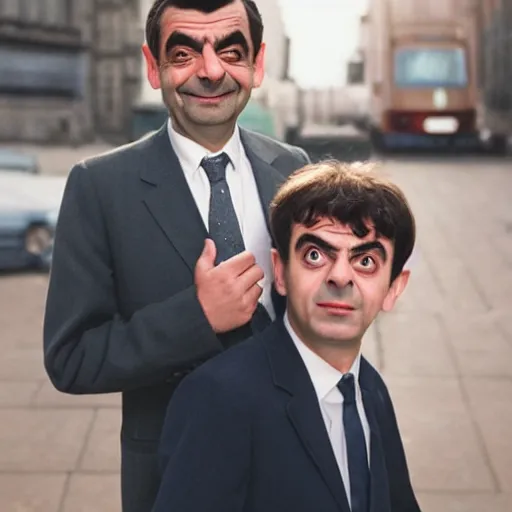 Image similar to A portrait mr bean teams up with a teenage rowan atkinson, perfect faces, 50 mm, award winning photography