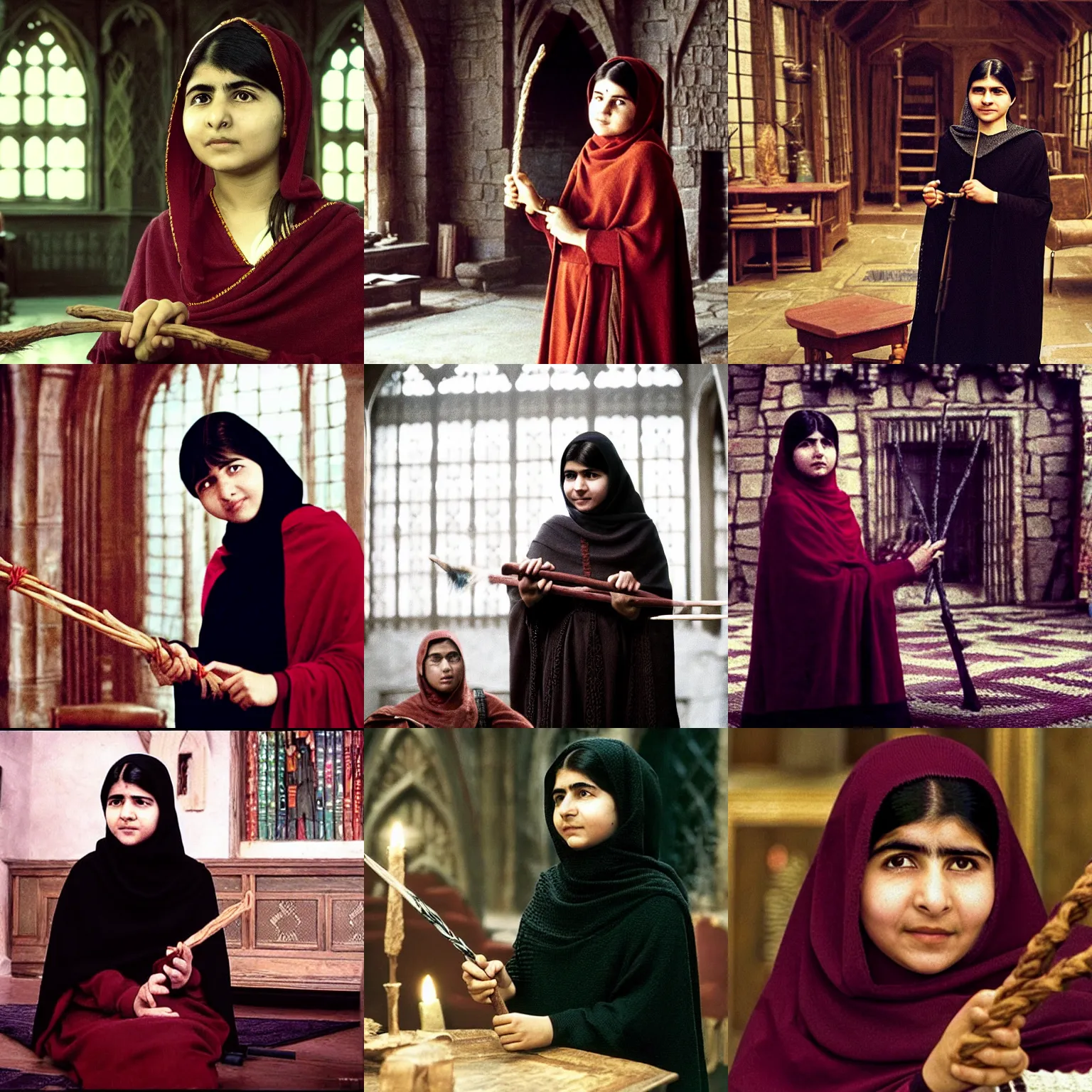 Prompt: Malala Yousafzai as a witch, wearing a black knitted sweater and cloak, holding the elder wand, in the Gryffindor common room at Hogwarts , film still