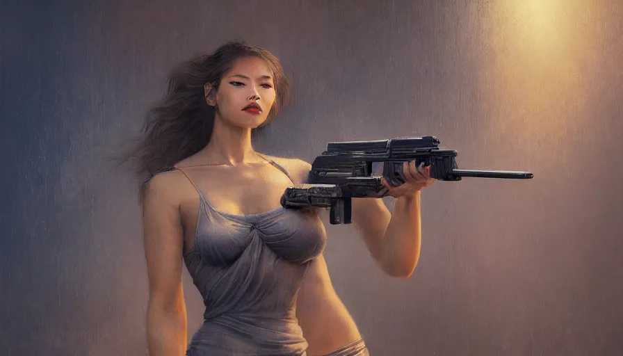 Image similar to a ultradetailed beautiful painting of a girl holding a gun on rio de janeiro by cheng hsiao - ron, ngai victo, jean delville by wlop and dougherty patrick, trending on artstation, sci fi, futurism, post capitalism, octane rendering, sharp focus