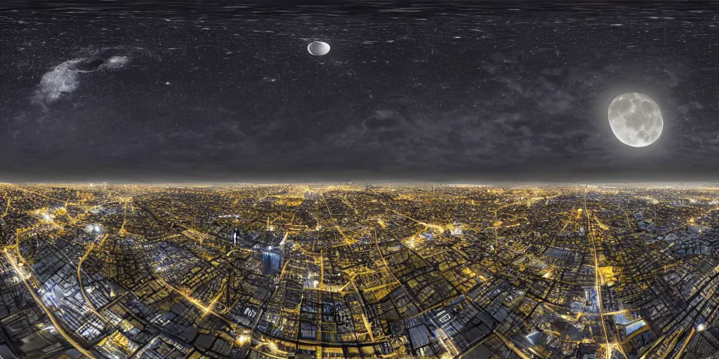 Image similar to a big industrial city metropoli in the distance, cloudy dark sky, it's late at night the moon and the milky way shine, equirectaln, equirectangular