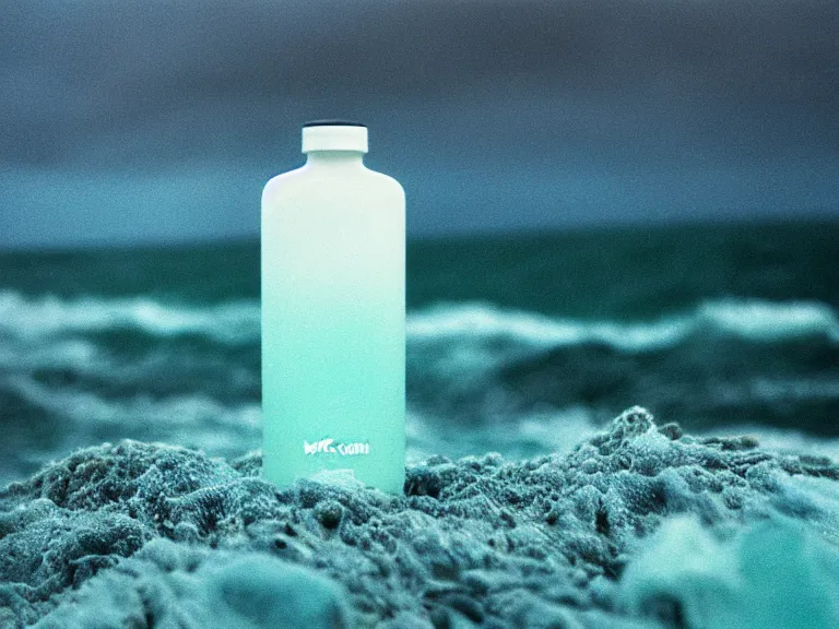 Image similar to cinestill 5 0 d photography of perfume emerging from seafoam bottle 3 / 4 style of nicholas fols, 2 0 0 mm, mute dramatic colours, soft blur outdoor stormy sea background, volumetric lighting, hyperdetailed, hyperrealistic