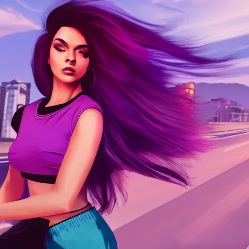 Image similar to a stunning GTA V loading screen with a beautiful woman with ombre hairstyle in purple and pink blowing in the wind, tanktop and skirt, city streets, digital art, trending on artstation